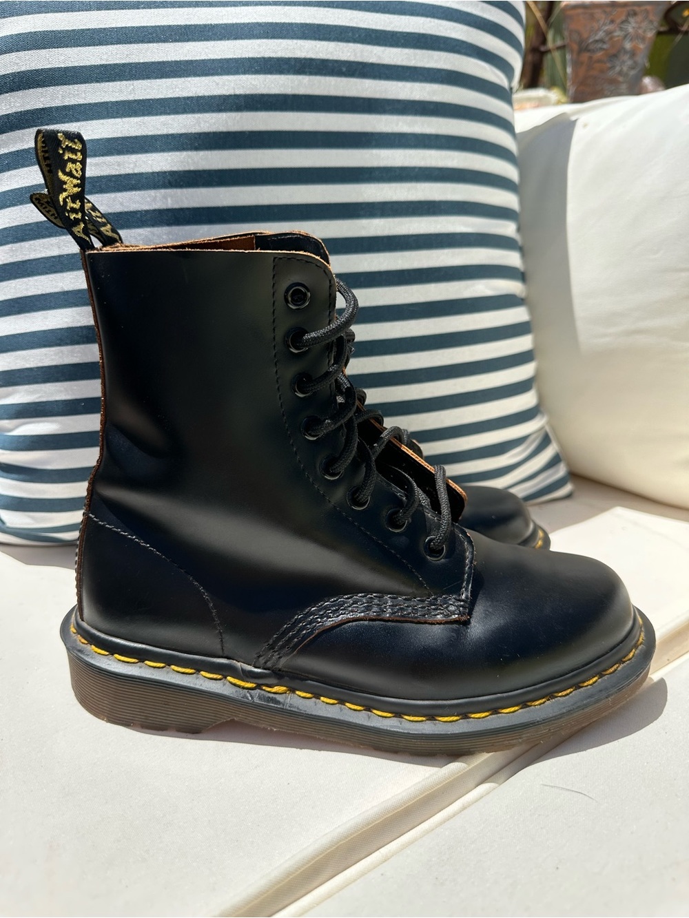 Dr. Martens Black Leather Lace-Up Boots with Yellow Stitching